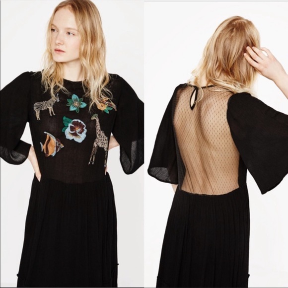 Zara Basic Rare Embroidered Animal Mesh Back Maxi - Picture 2 of 16